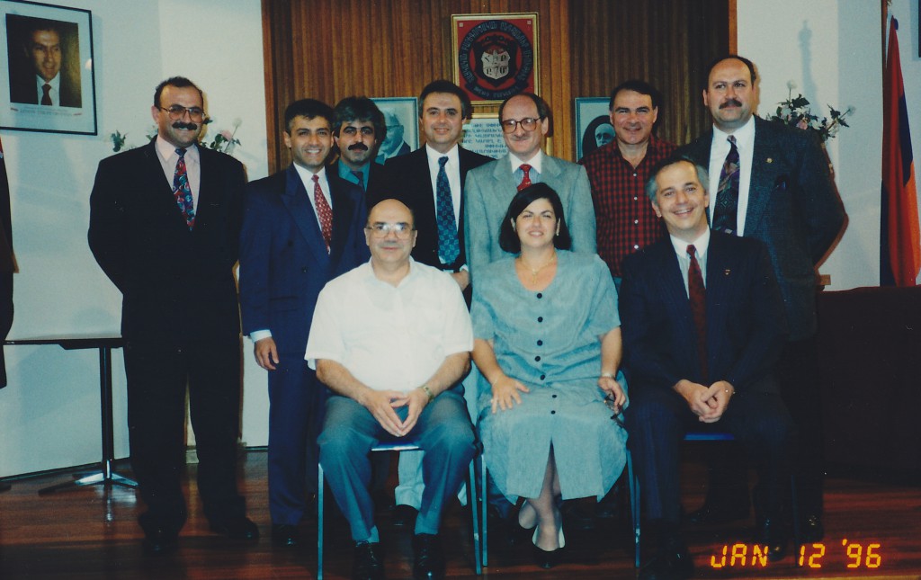 1996 - Seated left to right – Hovaness Kouyoumdjian, Nairi Derderian, Aram Hagopian Standing left to right – Hampar Chakmak, Noubar Pezikian, Boghos Bakla, Arto Karagelinian, Guest Speaker Professor George Bournoutian, Dickran Dickranian, Vahe Artinian [ Chairman] 